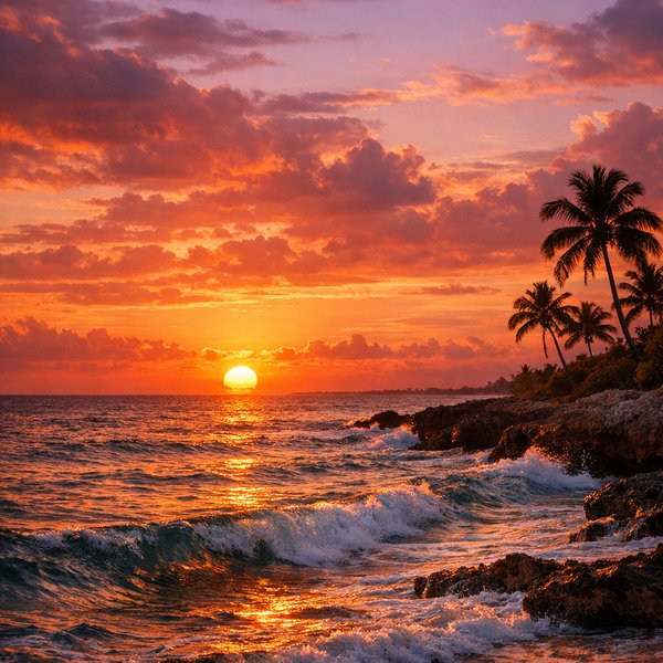 Cuban Caribbean Sunset Over Rocky Shore