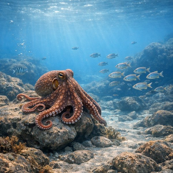 Curious Octopus on a Rocky Seabed