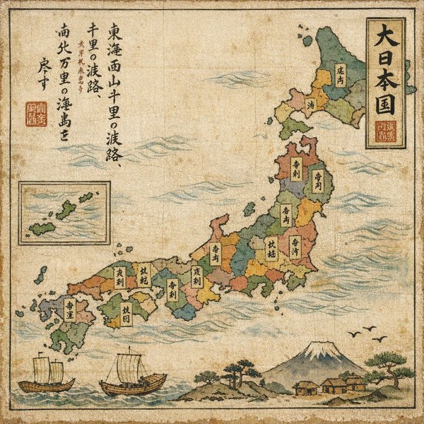 Edo-Style Map of Japan on Aged Rice Paper