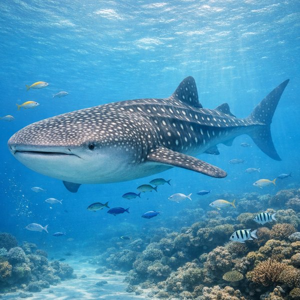 Gentle Giant: Whale Shark Gliding Through Sunlit Reef