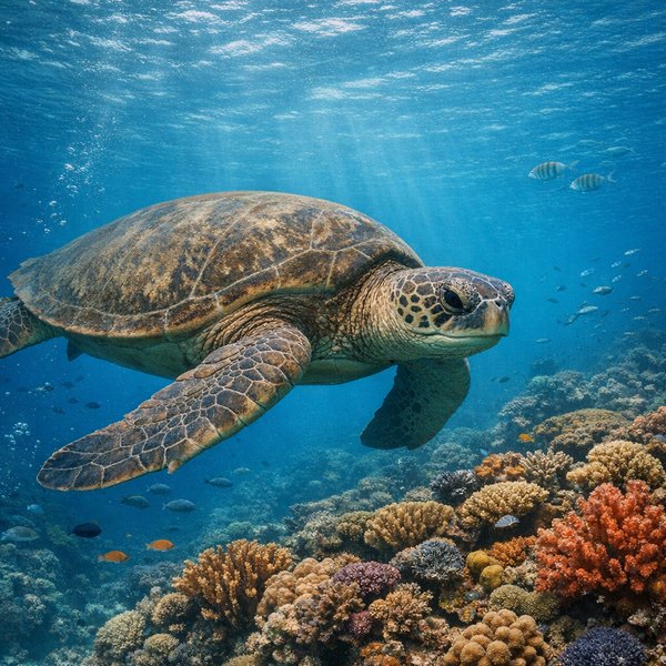 Giant Sea Turtle Gliding Above a Vibrant Coral Reef
