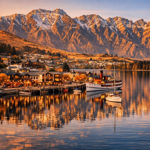 Golden-Hour Queenstown Waterfront with Mountain Reflections