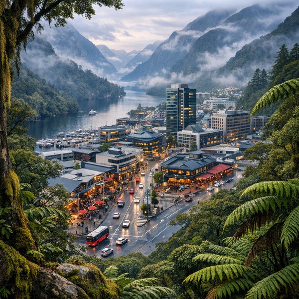 Harbor Town Framed by Fiordland Rainforest
