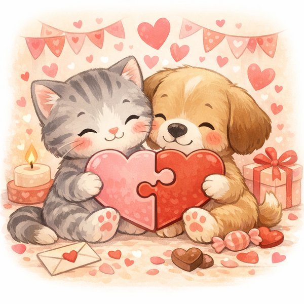 Heartfelt Puzzle: Cat & Dog Valentine