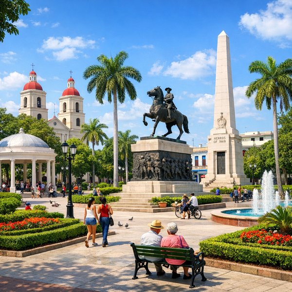 Quảng trường Trung tâm Holguín — Tượng cưỡi ngựa và cột obelisk dưới nắng