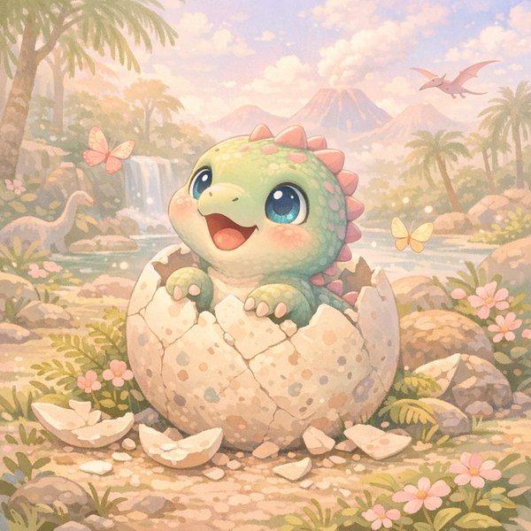 Éclosion joyeuse — un bébé dinosaure sort de son œuf