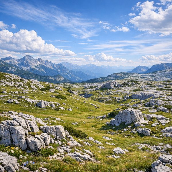 Karst Alpine Plateau Under a Wide Blue Sky