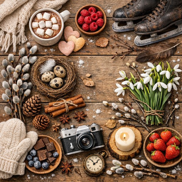 Spätwinter bis Frühling Flatlay — Schneeglöckchen, Schlittschuhe und heiße Schokolade