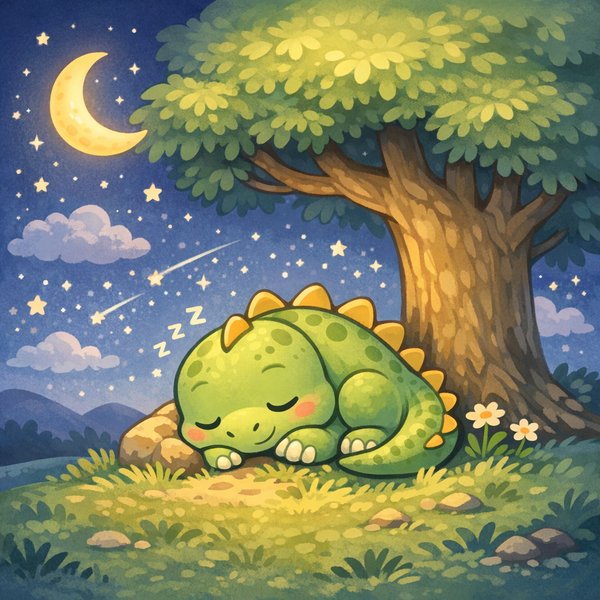 Moonlit Nap: Cute Cartoon Dinosaur Sleeping Under a Tree