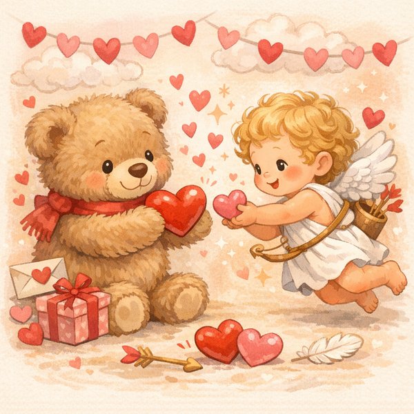 Playful Valentine: Teddy Bear & Cupid Exchanging Hearts