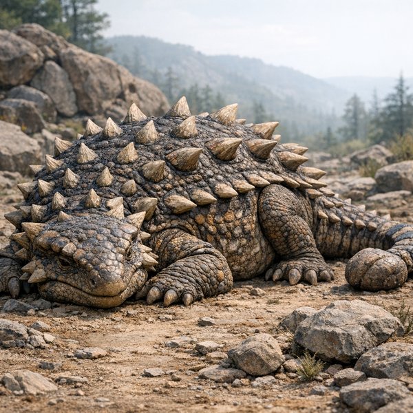 Resting Ankylosaurus on Rocky Prehistoric Plain