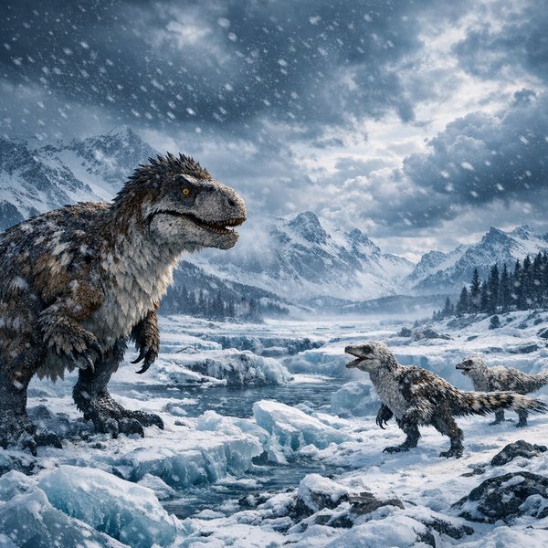 Snowbound Predators: Feathered Dinosaurs in a Frozen Valley
