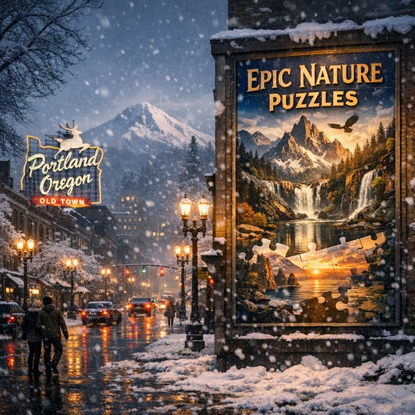 Snowy Evening in Old Town — Epic Nature Puzzles