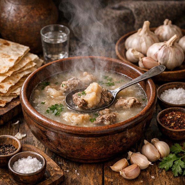 Khash humeante — caldo armenio tradicional con ajo y lavash