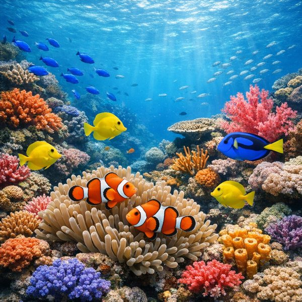 Sunlit Coral Garden with Clownfish and Tropical Shoals