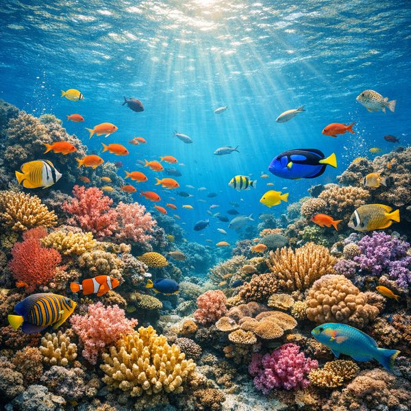 Sunlit Coral Reef Alive with Color