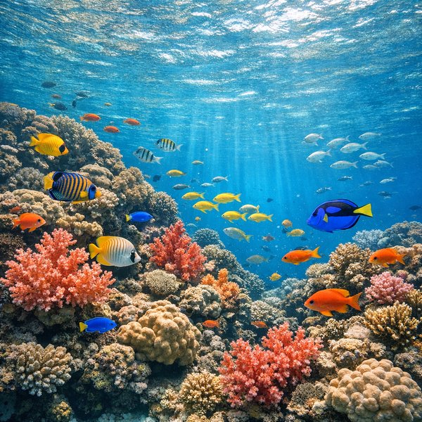 Sunlit Coral Reef Alive with Tropical Fish