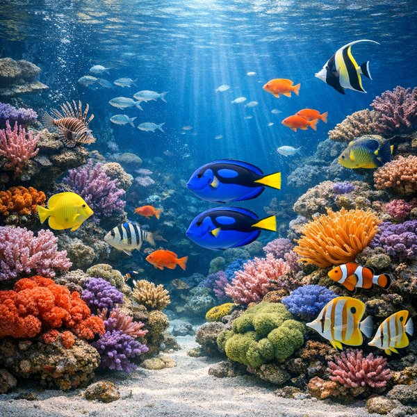 Sunlit Coral Reef — Tropical Aquarium Scene