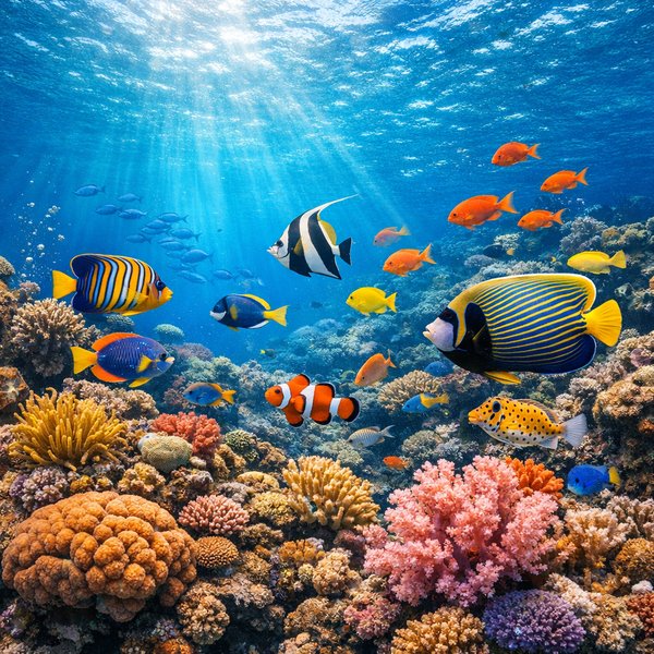 Sunlit Coral Reef with Vibrant Tropical Fish
