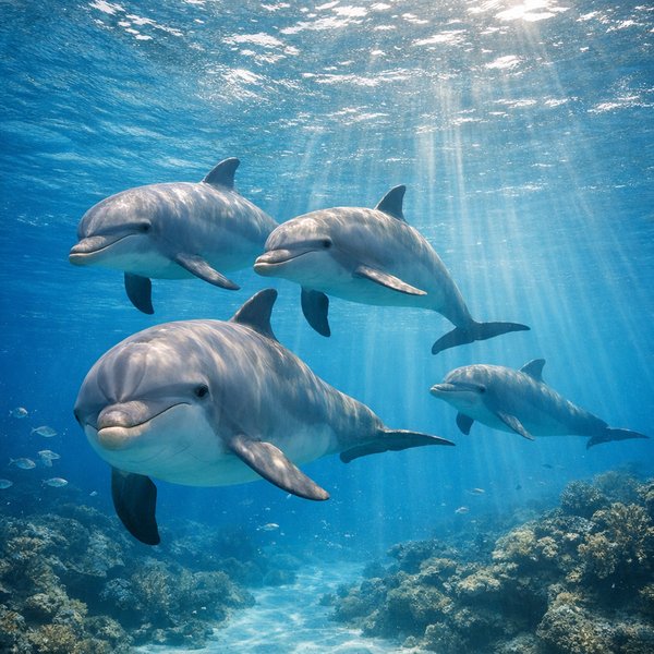Sunlit Dolphin Pod in Clear Blue Ocean