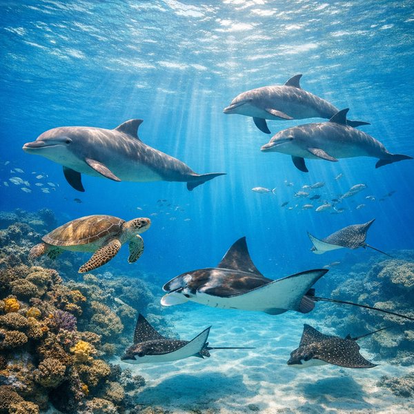 Sunlit Harmony: Dolphins, Turtles & Rays in a Clear Coral Reef