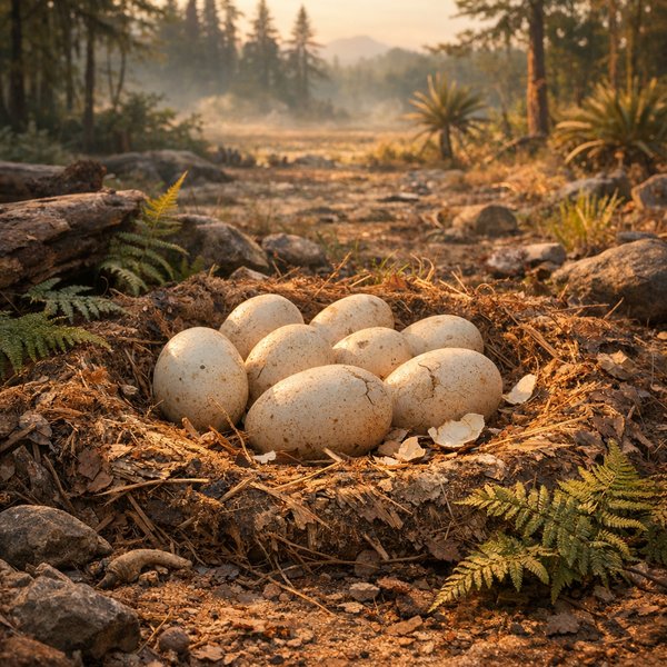 Sunlit Nest — Dinosaur Eggs in a Prehistoric Clearing