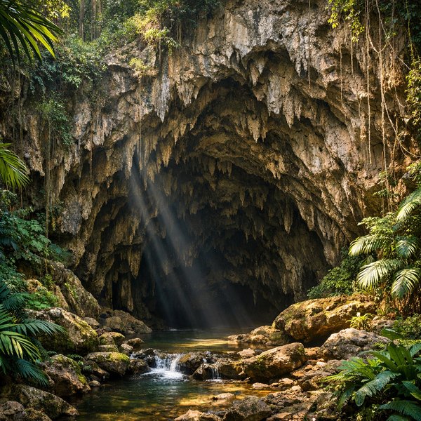 Sunlit Tropical Cave Entrance in Cuba