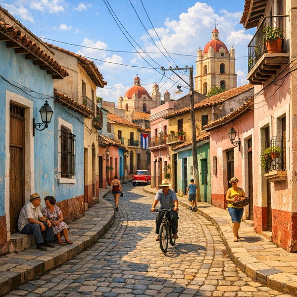 Sunlit Winding Street in Camagüey Historic Center