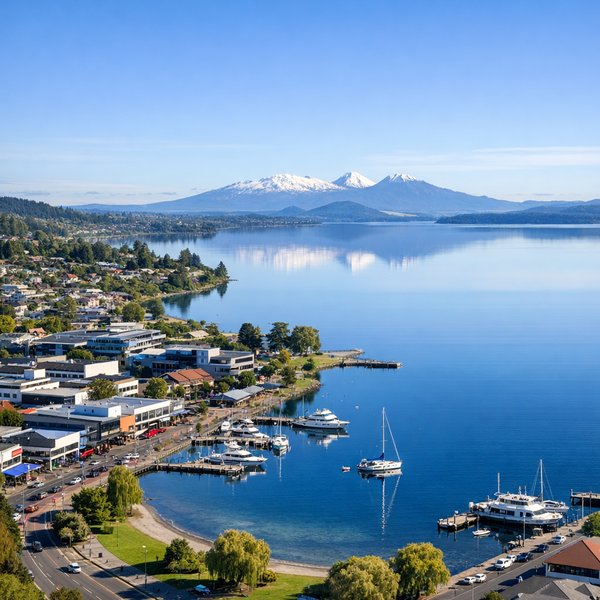 Taupo Waterfront with Lake Taupo and Snow‑Capped Mountains