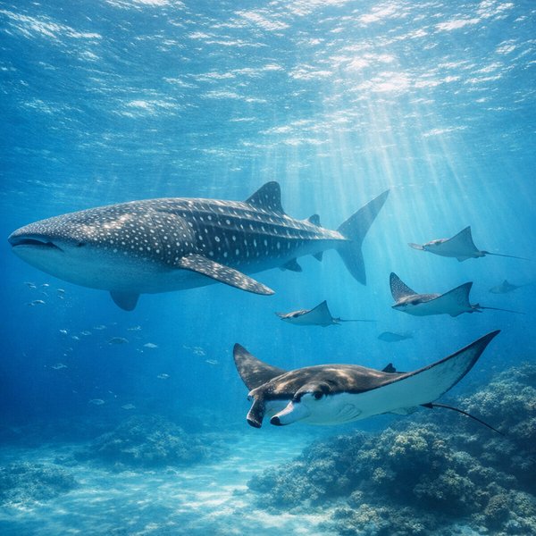 Passage paisible : requin-baleine et raies