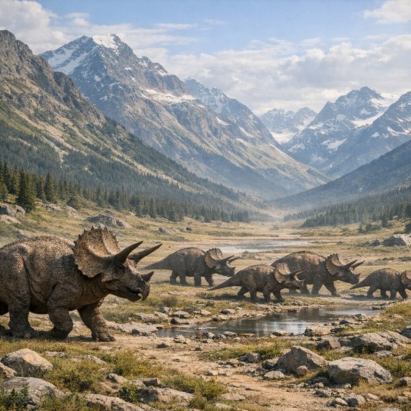 Triceratops Herd Crossing an Ancient Valley