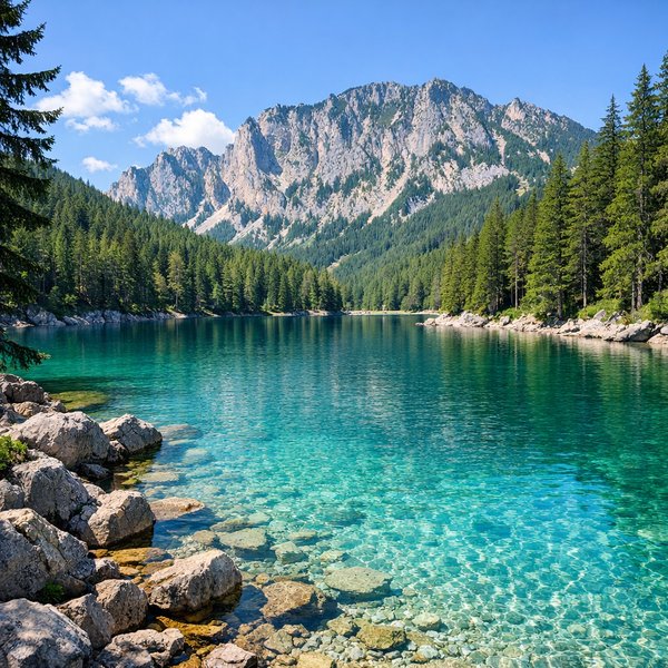 Turquoise Alpine Lake and Pine-Fringed Shoreline, Austria