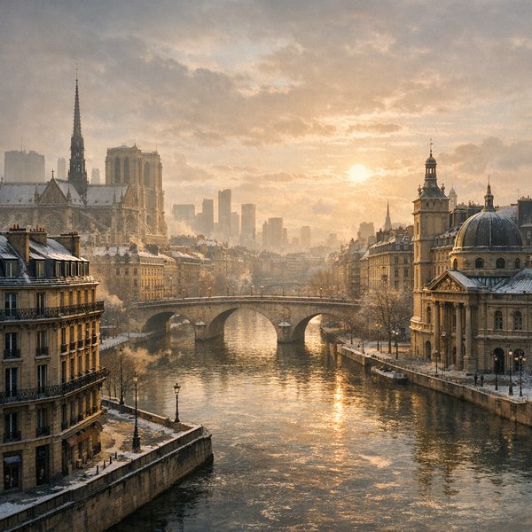 Winterliche Goldene Stunde über dem historischen Fluss