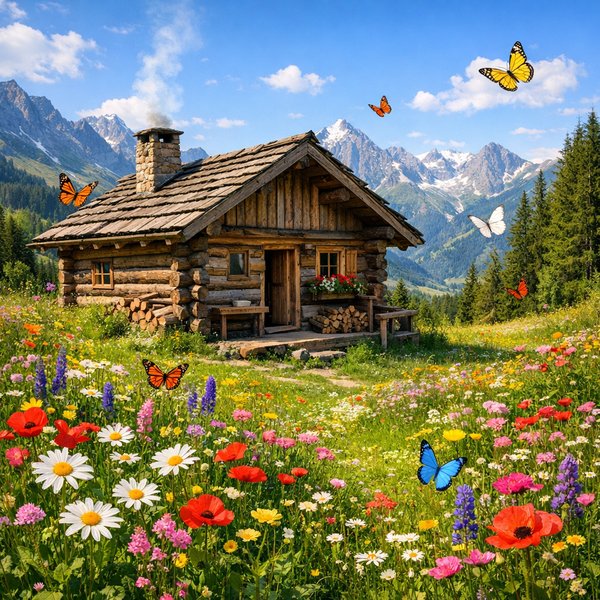 Alpine Log Cabin in a Wildflower Meadow