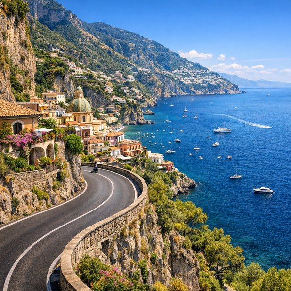 Amalfi Coast Cliffside Road and Colorful Seaside Village
