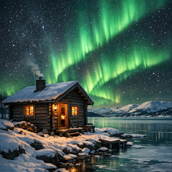 Aurora Over a Cozy Lakeside Cabin