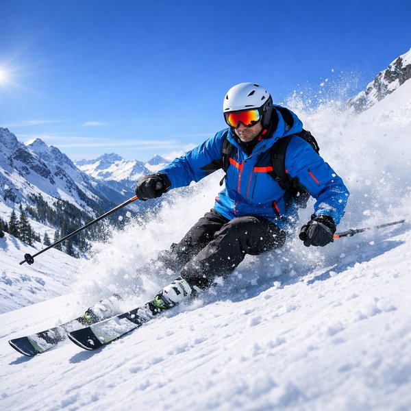Carving Through Powder on a Sunny Alpine Slope