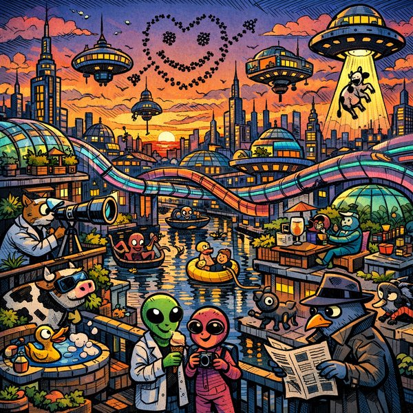 Entardecer Sobre a Cidade Futurista de Canais com Padrões de Drones (16 de março)