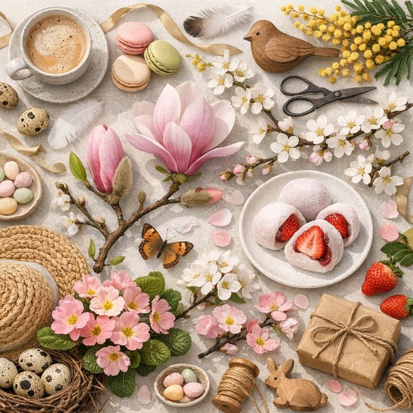 Flat lay du début du printemps — Nature morte saisonnière (3 mars)