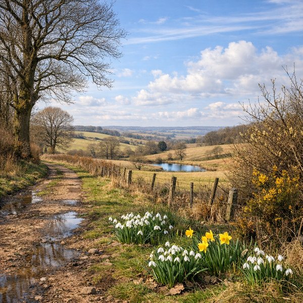Early Spring Lane: Snowdrops and Daffodils at Dawn