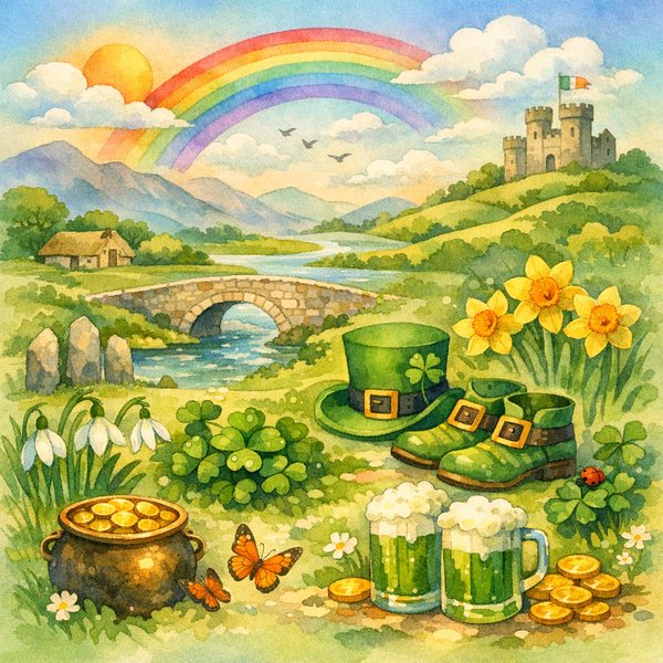 Smaragdener Frühling: Aquarell-Landschaft zum St. Patrick's Day