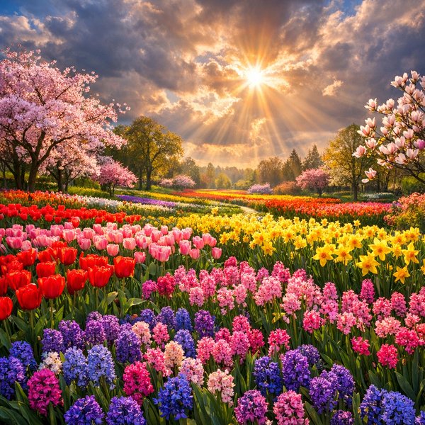 Frühlings-Explosion: Sonnenaufgang über Tulpen, Narzissen & Hyazinthen