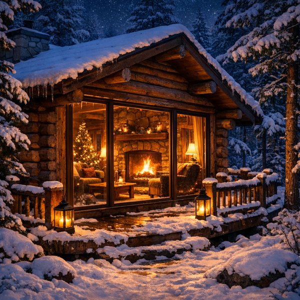 Fireside Cabin on a Snowy Night