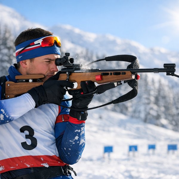雪山で狙いを定める集中したバイアスロン選手