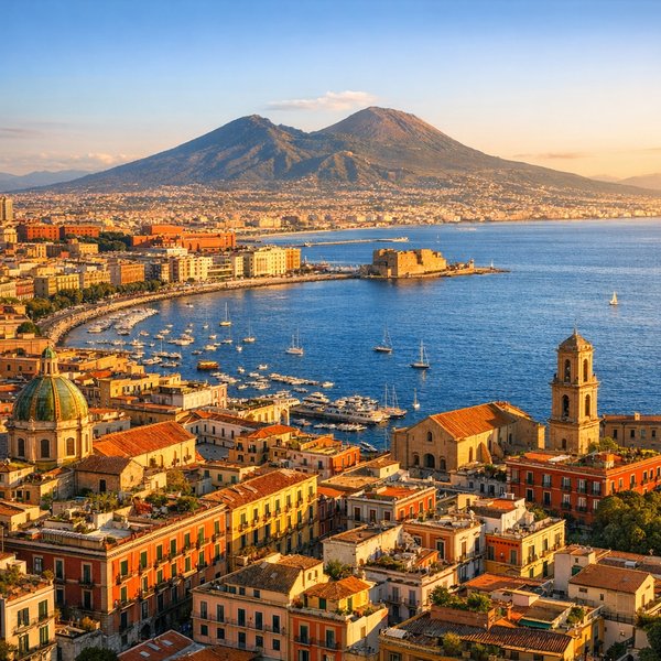 Hoàng hôn vàng rực trên vịnh Naples với núi lửa Vesuvius