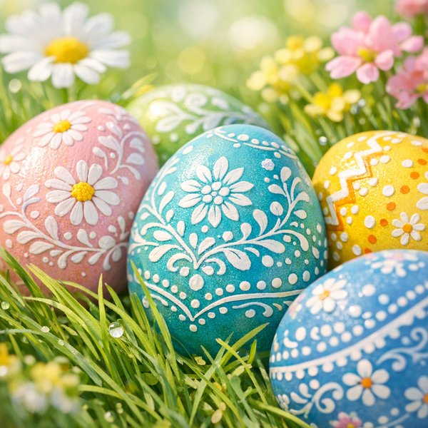 Hand‑Painted Easter Eggs in Spring Grass