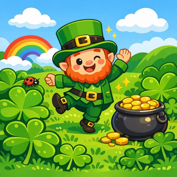 Chú lùn Leprechaun vui vẻ giữa cánh đồng cỏ bốn lá