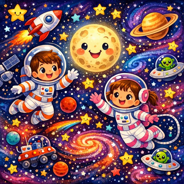 Happy Space Adventure — Kids Astronauts in a Colorful Galaxy