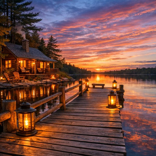 Lantern-Lit Lakeside Cabin at Sunset