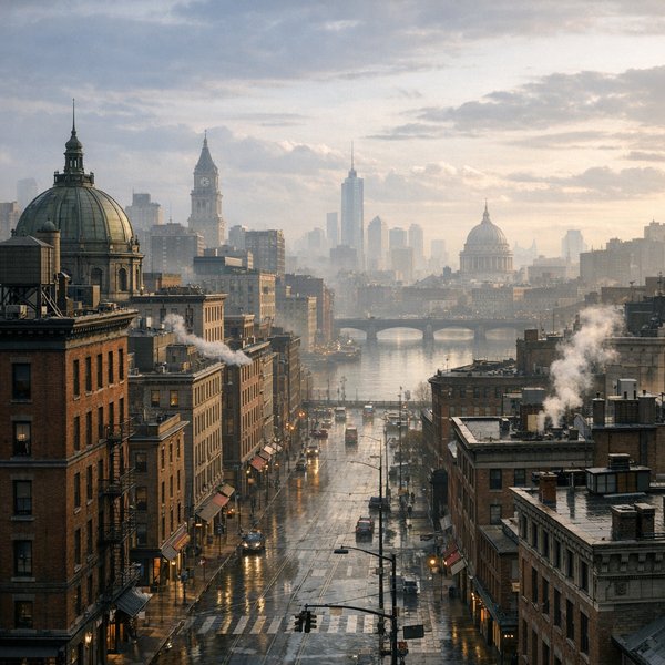 Märznebel über der Flussstadt